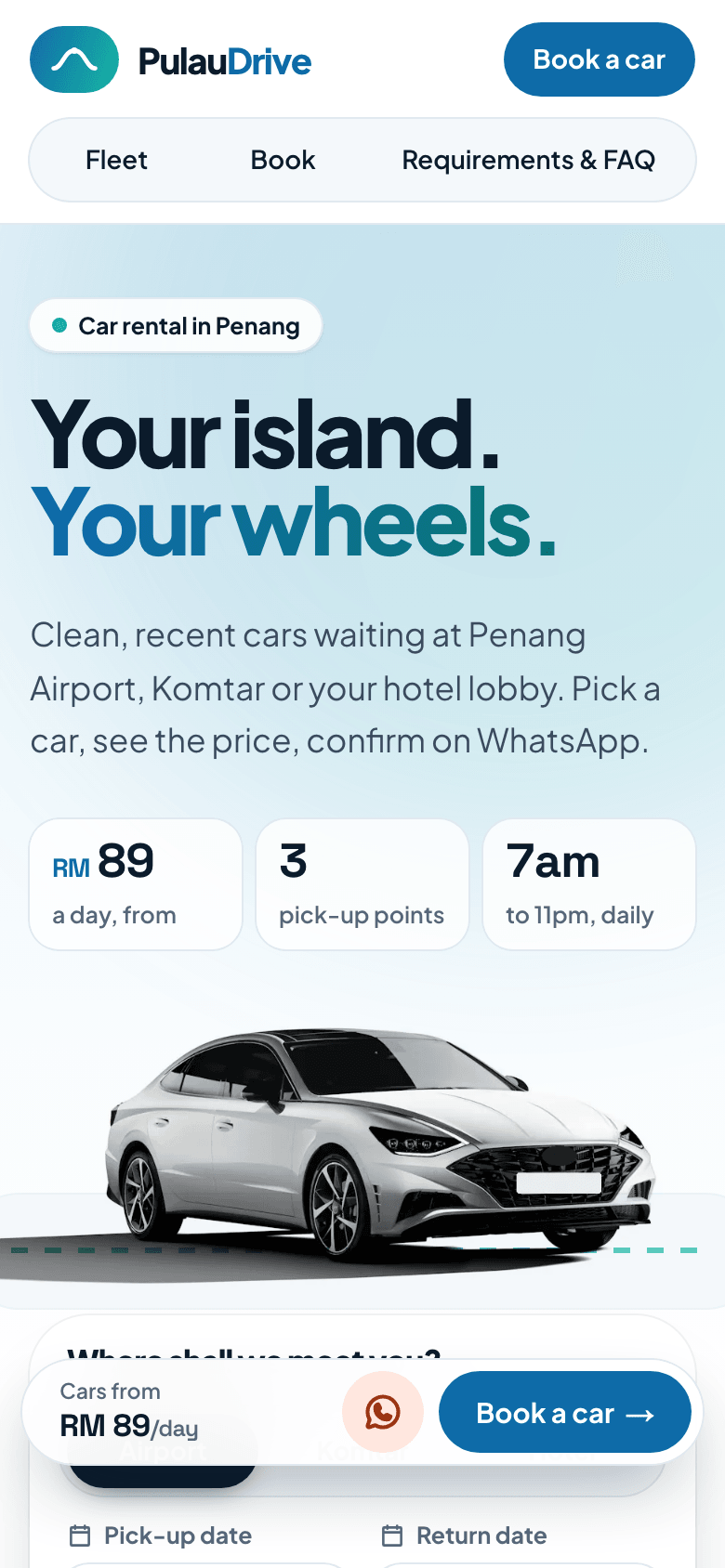 Pulau Drive demo website, home page on a phone